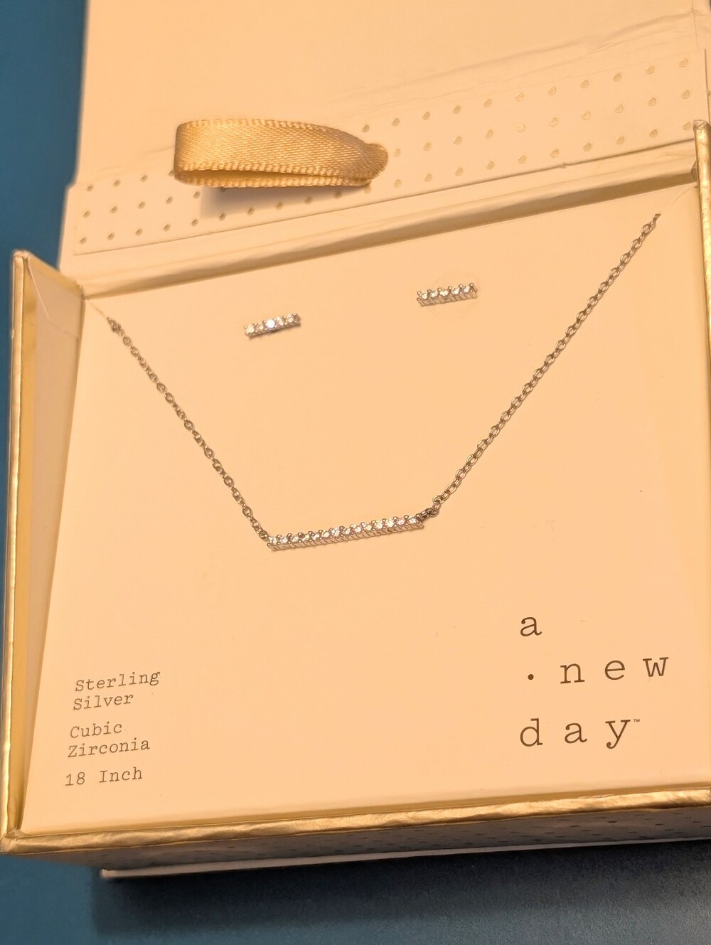 a new day Sterling Silver + Cubic Zirconia Bar Necklace & Studs Set Gift Boxed